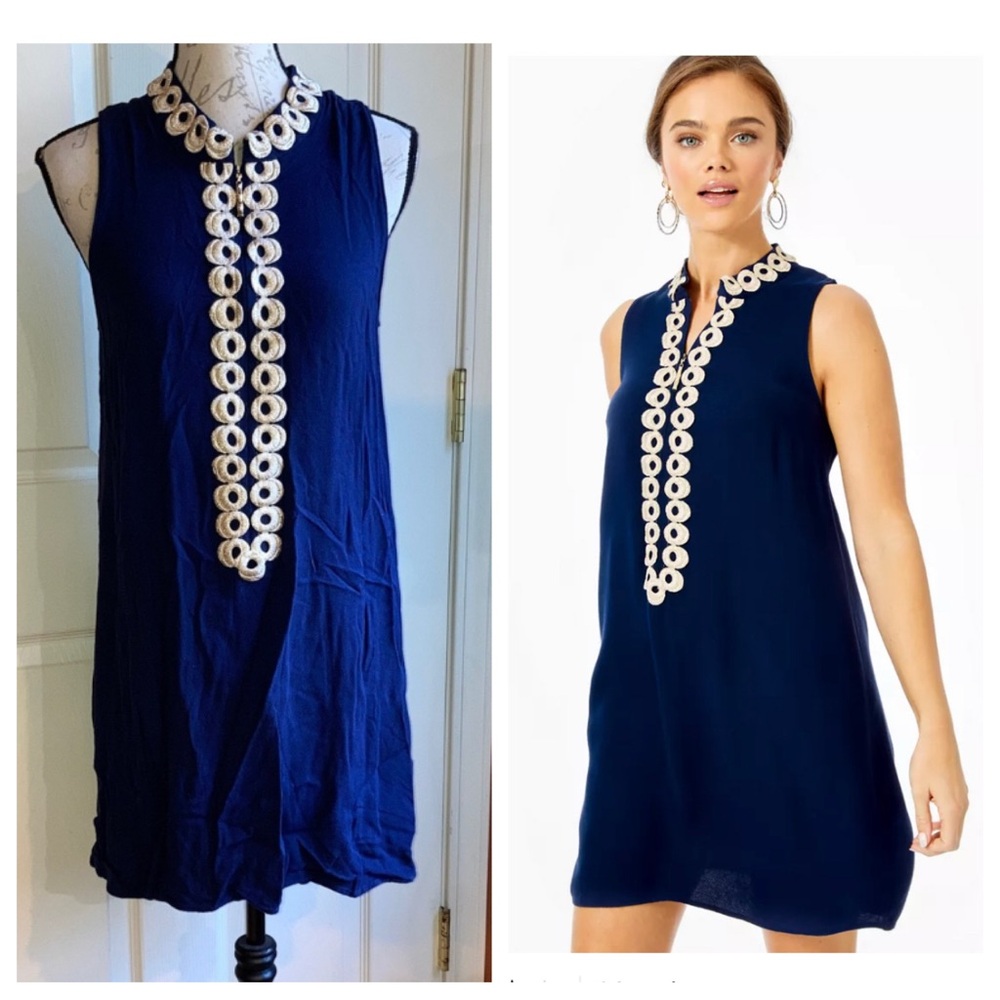 Lilly Pulitzer Jane Sleeveless Shift Dress Front Zip Navy Gold Brocade sz 12